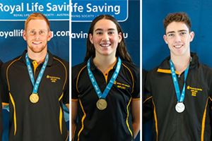 Jake Smith, Phoebe Ashworth and Kelton Rothnie at the 2022 Australian Pool Lifesaving Championships