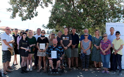 Friends and family gathering with Ben, Joanne and Allan at their Bravery Award presentation in Rockingham