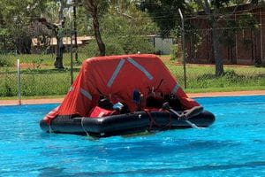 KJ Rangers in a lifeboat in the pool