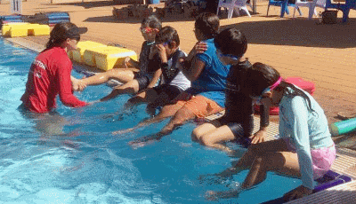 A swim instructor in the water with a group of children sitting on the edge of the pool learning to kick their legs