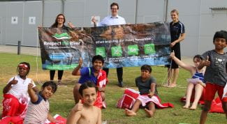Federal Member for Burt Matt Keogh with program coordinators Sam Bell and Emily Balcombe and children from the Champion Lakes Swim and Survive program
