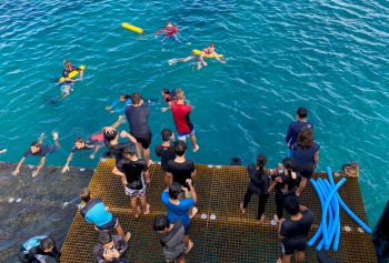 A group of students on the jetty and in the water