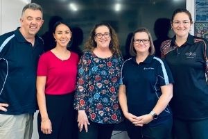 Royal Life Saving WA's Tim Turner, with the Poll Farmer Foundation's Jessica Albers, Kylie Uncovich, Royal Life Saving's Lauren Thompson, and Polly Farmer's Deanna Hoffmann    