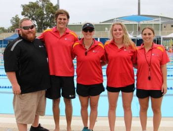 Geraldton lifeguard team of David Emery (manager), Jasper O'Byrne, Emma Smith, Ellie Pead and Abbey Benham by the pool at HBF Stadium