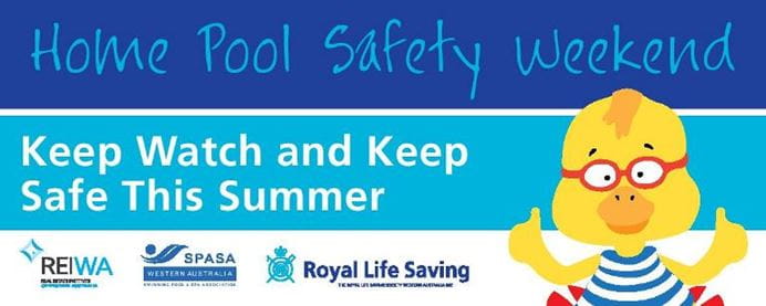 image of home pool safety weekend sticker with Dippy Duck and a home pool check message