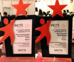 Our Incite Awards trophies standing beside each other