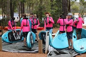 group of students with kayaks