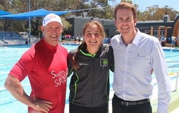 Matt Fuller, Bold Park Swim School Co-ordinator Courtney Aylett and Royal Life Saving Society WA's Trent Hotchkin by the pool at Bold Park