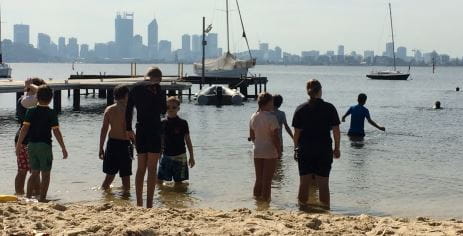 Sea scouts making their way into the Swan River to learn lifesaving skills