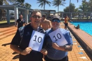 Royal Life Saving WA's Tim Turner, with a police officer holding signs with the number 10