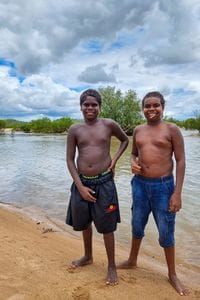 Two Warmun boys standing at Bow River