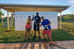 Shonece and Paul from the Gija Youth setting up for a pool party with Warmun Pool Manager Steve Waterman