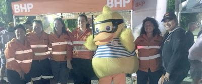 Dippy Duck with BHP staff at the Welcome to Hedland event