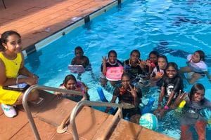 Wiluna student Salina with her peers at the Wiluna pool