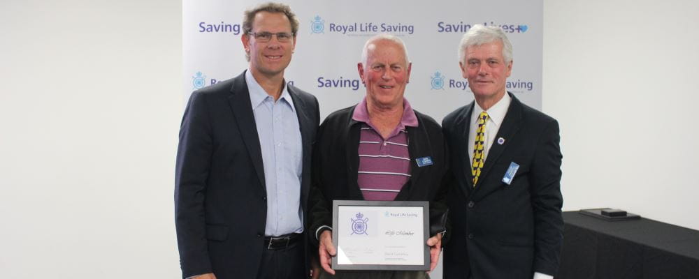 RLSSWA CEO Peter Leaversuch with new Life Member David Cummins and RLSSWA President Colin Hassell