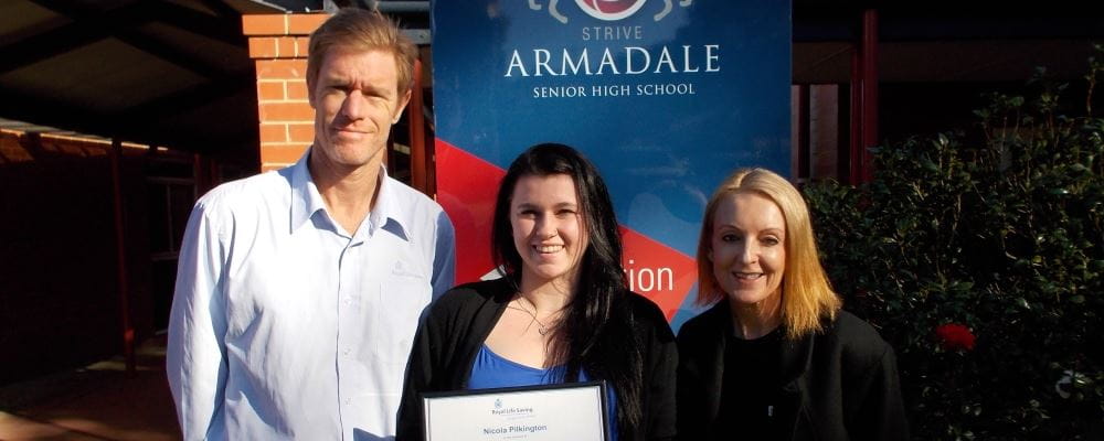 Royal Life Saving Society WA's Greg Tate with award winner Nicola outside Armadale Senior High School