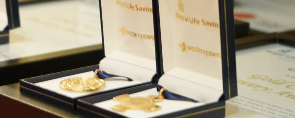 Bravery award medallions in display boxes