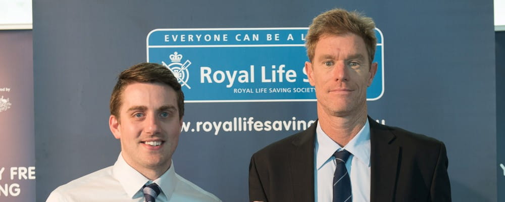 Former paralymic swimmer Matthew Cowdrey with Royal Life Saving Society WA General Manager Community Relations Greg Tate