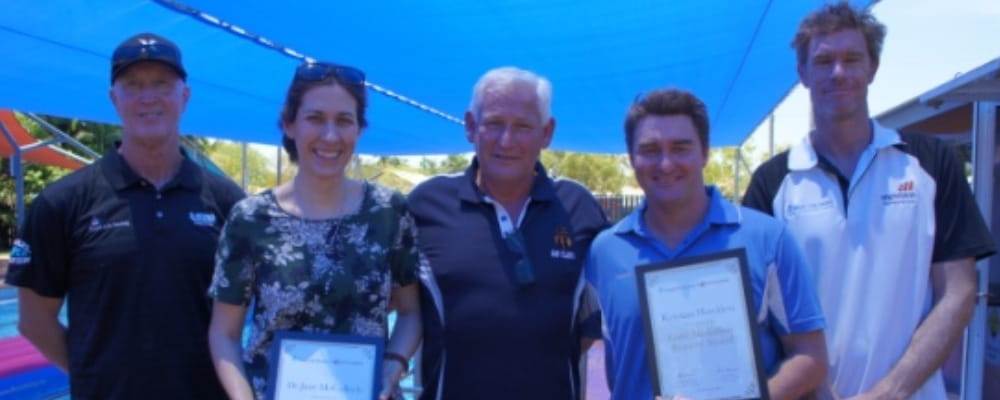 Three recipients of Bravery Awards at Derby Memorial Swimming Pool with Tony Head (LIWA Aquatics) and Greg Tate (Royal Life Saving Society WA)