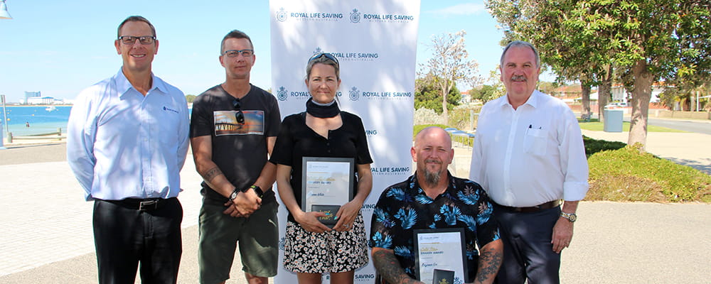 Royal Life Saving WA CEO Peter Leaversuch, with Allan Godley, Joanne White, Ben Cox and Rockingham Major Barry Sammels