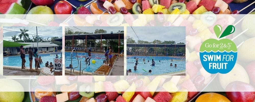 Images of Broome children and their instructors in the pool alongside a Swim for Fruit logo