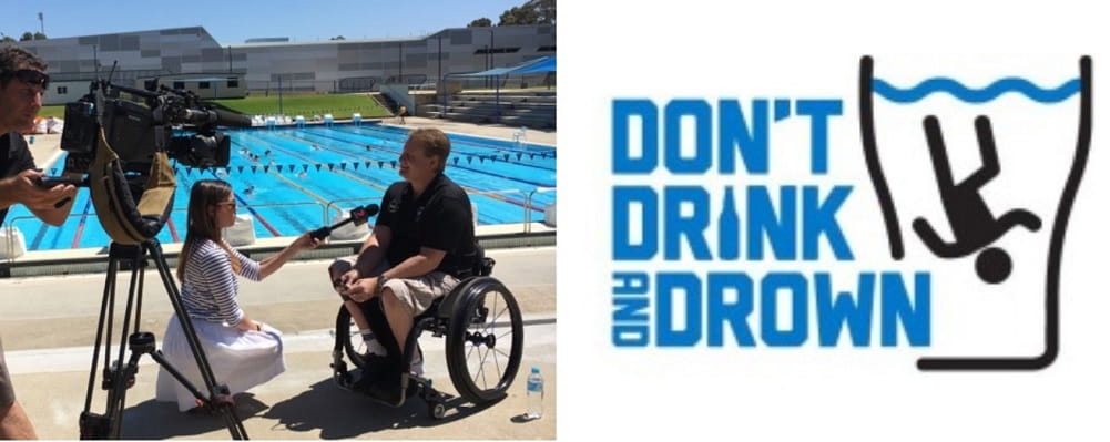 Image of Paraplegic Benefit Fund's Kim Dybing being interview by Channel 7 reporter by the pool at RLSSWA headquarters