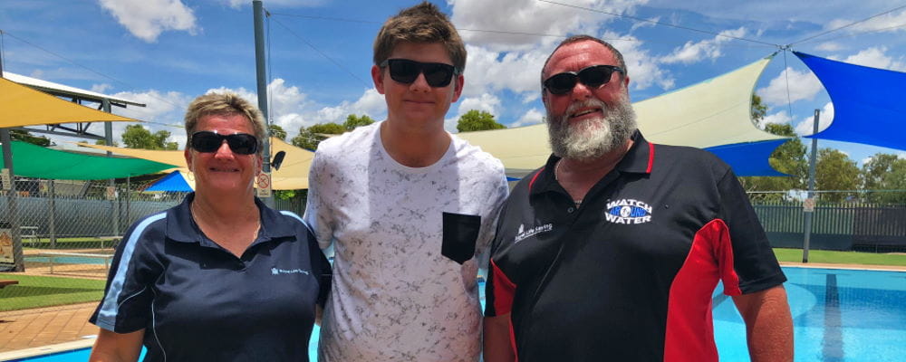 Dylan Storer with Fitzroy Crossing Pool Manager Adele and Trevor Caporn