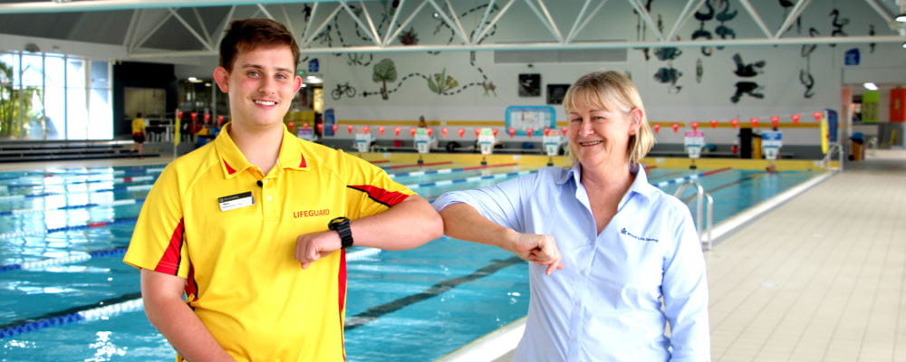 Trainee Max Wallace with Royal Life Saving WA Trainer Leanne Coverley-Brandis at Riverton Leisureplex 