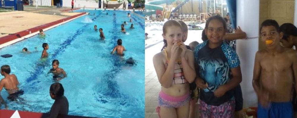 Children in the pool at Geraldton, and eating fruit by the pool after their swim