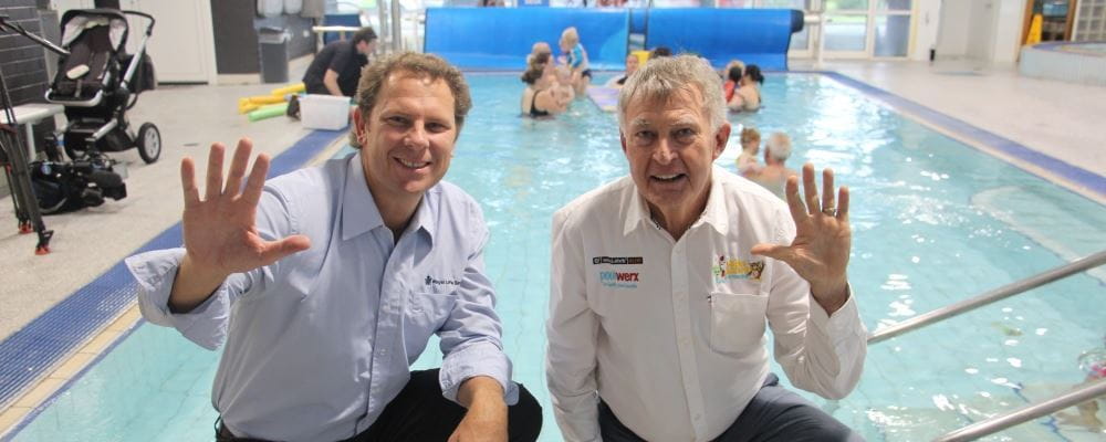 Royal Life Saving Society WA CEO Peter Leaversuch with Water Safety Advocate Laurie Lawrence by the Infant Aquatics pool at Bayswater Waves
