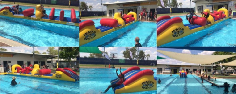 Pictures of Aboriginal kids enjoying the inflatable at Fitzroy Crossing remote swimming pool