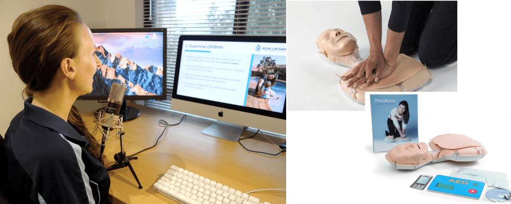 A presenter leading an online webinar, a mini CPR kit and a person practising CPR on a mini manikin