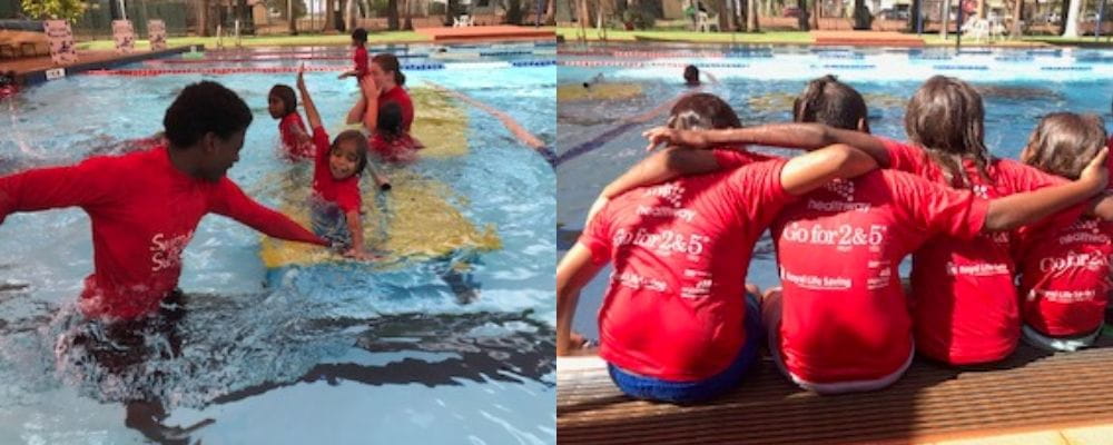 Martu children with their instructor in the pool at Newman