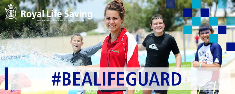 Image of female lifeguard spraying a host by the pool with playing children in the background