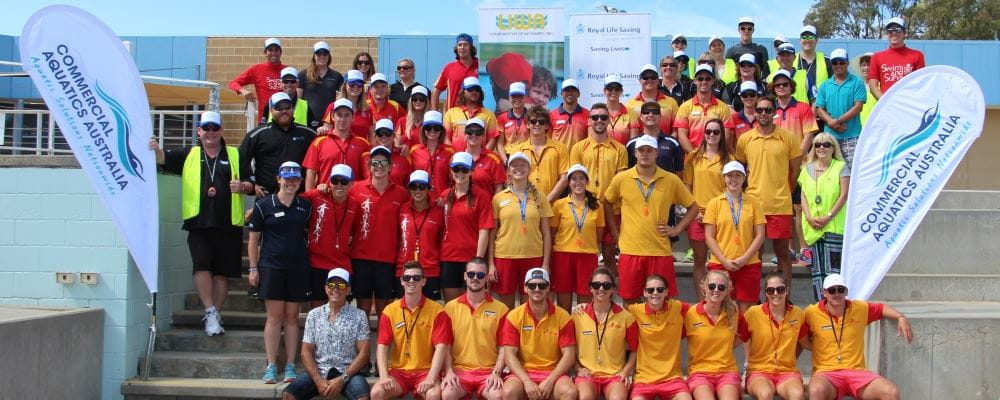 Image of all teams and officials for the Pool Lifeguard Challenge
