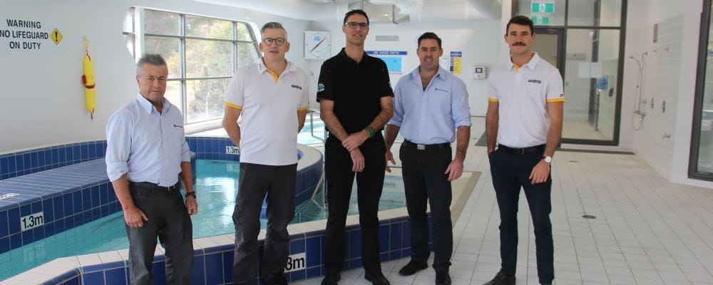 Royal Life Saving's Eddie Gibbs, Warren Goodwin and Travis Doye, with Darren Key and Michael Hodder from WAIS by the WAIS pool
