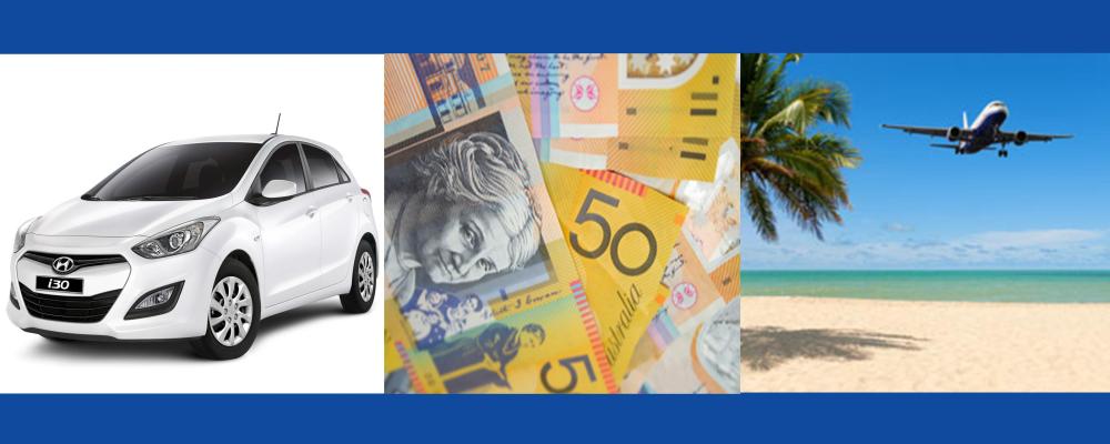 Image of a car, alongside image of cash, alongside image of an aeroplane flying over tropical beach