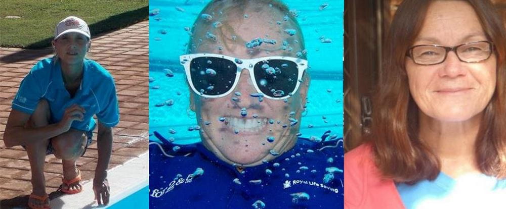 Jacqui Forbes crouching by the pool, Bernie Egan underwater smiling at the camera while wearing sunglasses and Tracye Sykes smiling at the camera