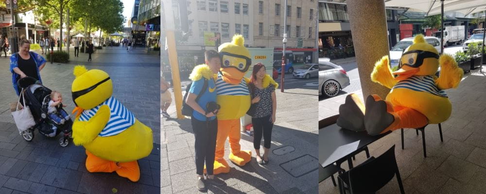 Dippy Duck meeting people in the city on Royal Life Saving Day