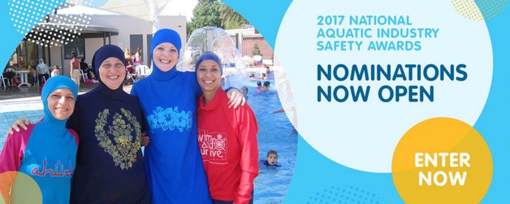 3 mulitcultural women with a female swim instructor by the pool with a message that nominations are open for the Aquatic Industry Safety Awards