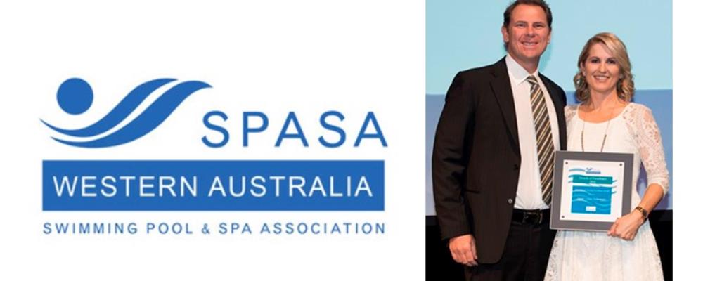 Royal Life Saving Society WA CEO Peter Leaversuch with Aquatic Leisure Technologies Executive Director Lynley Papineau and the SPASAWA Logo