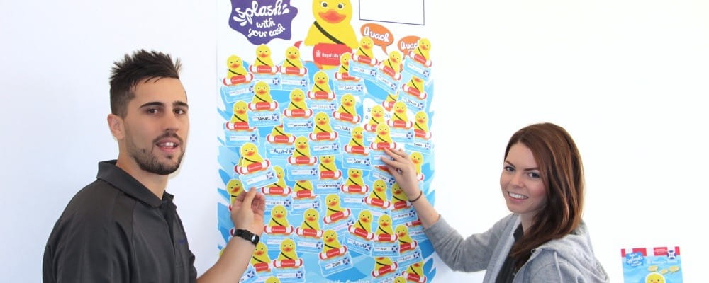 image of two people sticking duck stickers to a poster