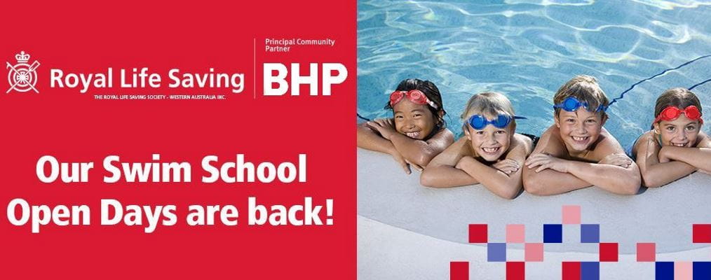 Swim School Open Days are Back, with image of 4 children leaning on the edge of a pool smiling