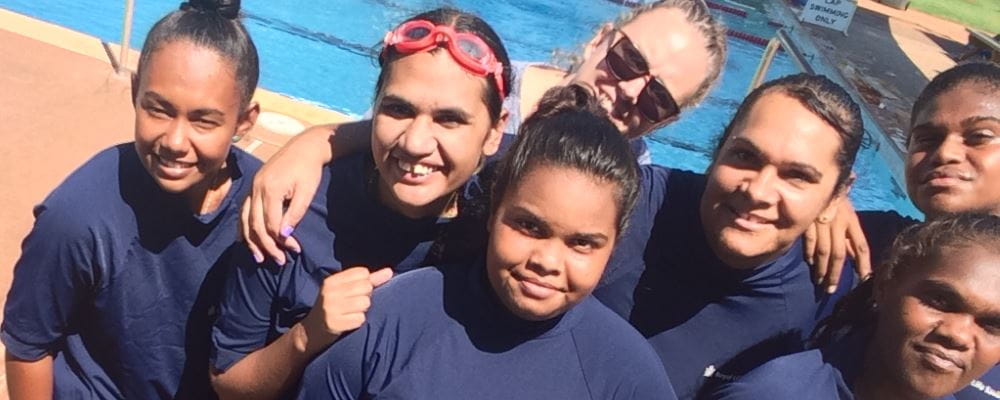 Students from Roebourne's Talent Pool program by the pool