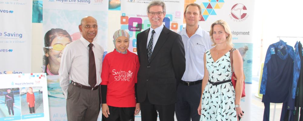 Hallam Pereira from the Department of Sport and Recreation, Swim Instructor Titisari Titisari, Minister for Multicultural Interests Mike Nahan, Royal Life Saving Society WA CEO Peter Leaversuch and Office of Multicultural Interests Executive Director Rebecca Ball