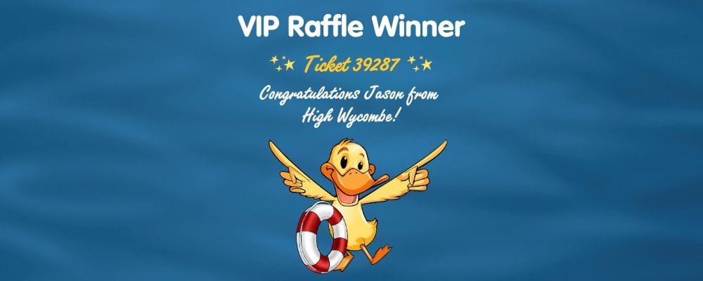An image of a duck with a lifering and text saying VIP Raffle WInner