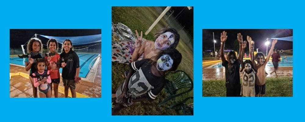 A collage of images showing children enjoying Halloween fun at Warmun Pool