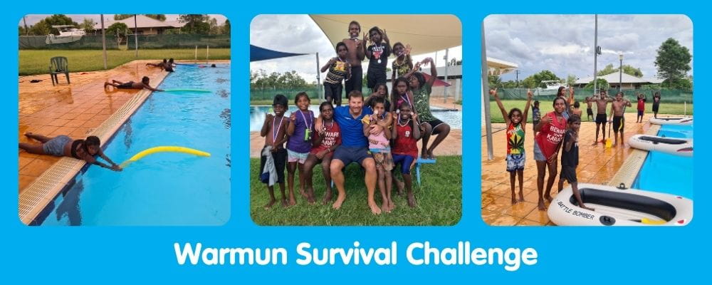 Images of children enjoying the survival challenge at the Warmun community pool