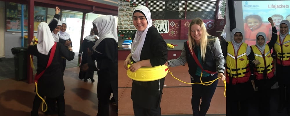 Left to right: Muslim girls learning to use a rescue tube; Royal Life Saving Society WA Inclusion Officer Jess Cruikshank teaching a Muslim student to use a rescue tube; three Muslim girls wearing life jackets