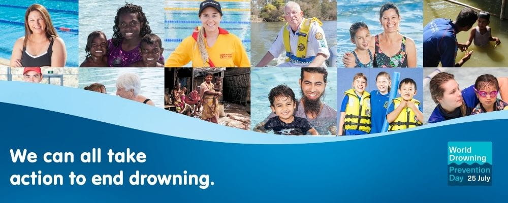 Collage of people involved in aquatic activities with World Drowning Prevention Day message